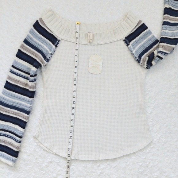 NWT Altar'd State Samantha Top Waffle Knit Ivory Blue Grey Bell Sleeves - Size M - Picture 7 of 15